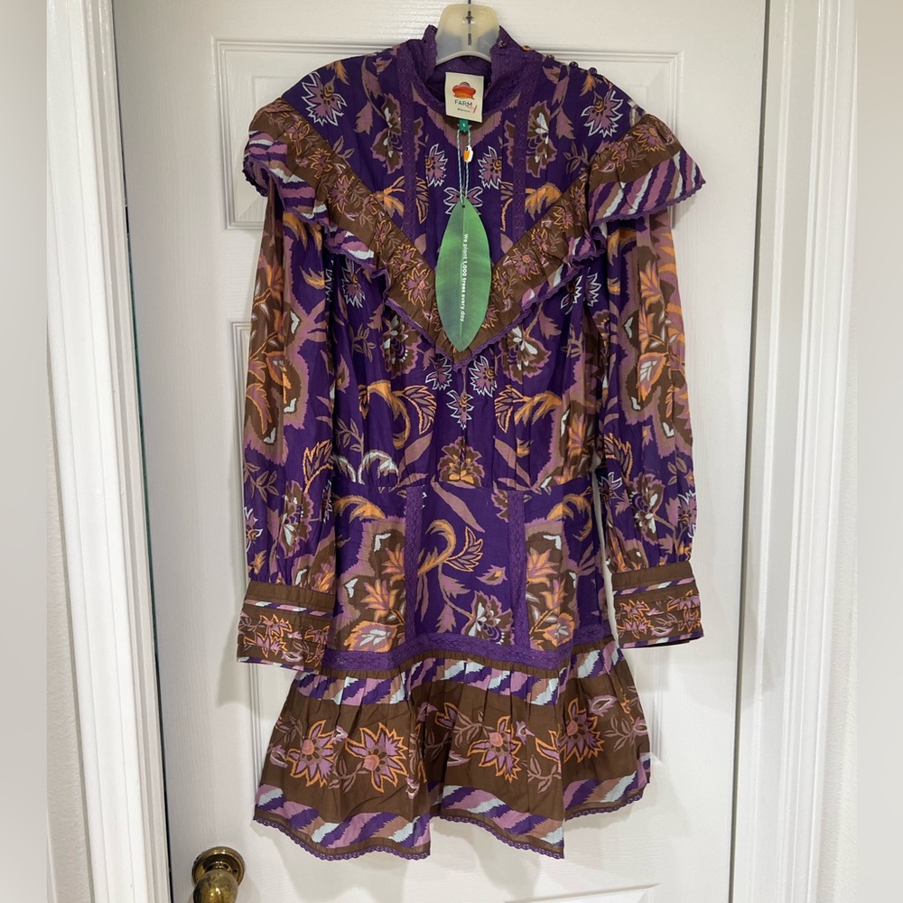 New FARM Rio Purple and Orange Ruffled Floral Lace Mock Neck Dress